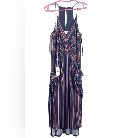 BCBG Generation Faux Wrap Striped MIDI Dress with Pockets Sz XS Halter Back - Picture 9 of 14